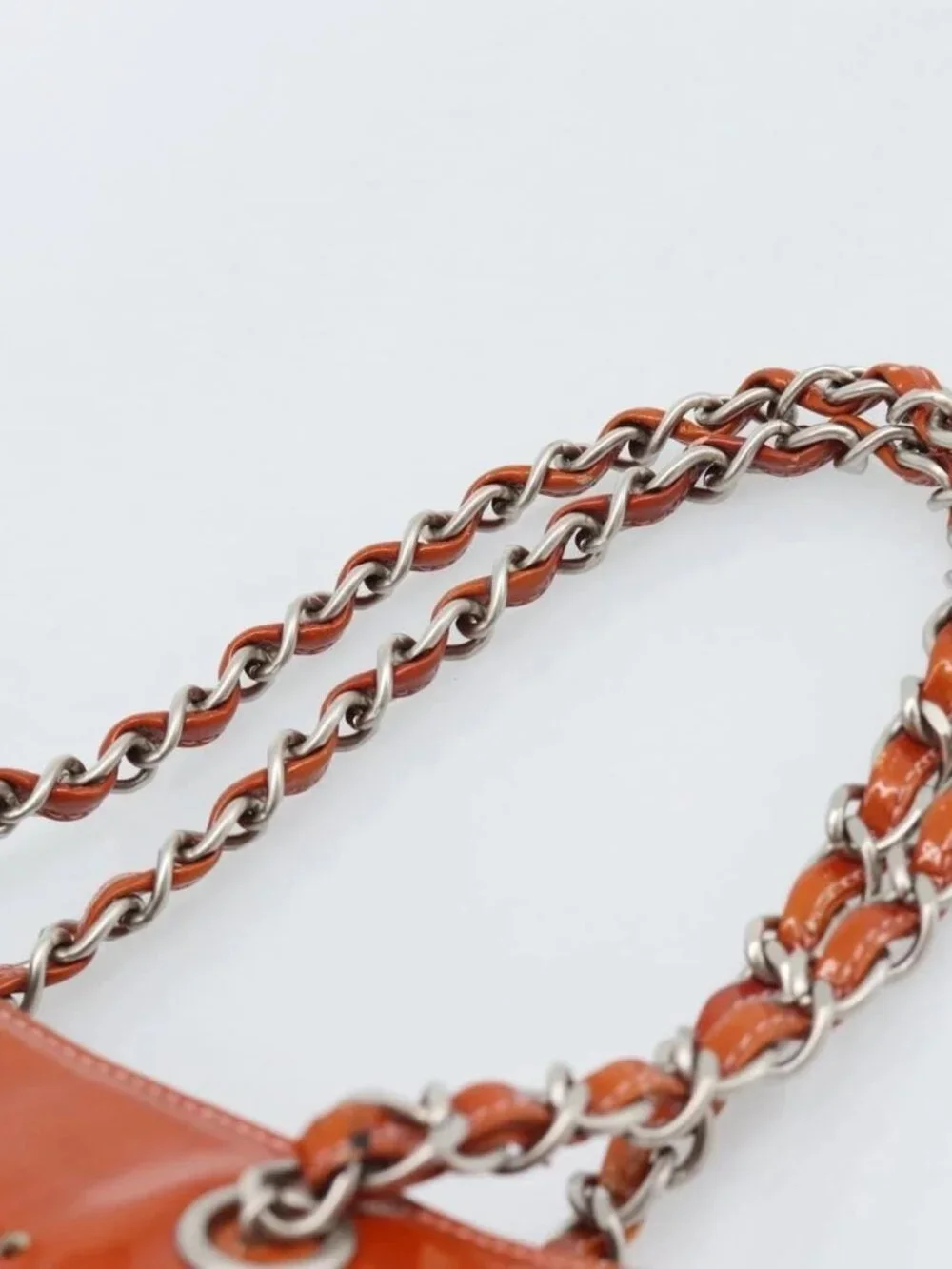 CHANEL Triple Coco Chain Tote Bag Patent leather Orange Silver CC Auth bs18659